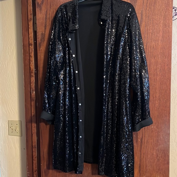 Tops - Stunning black sequin oversized shirt/duster.  Snaps.  Size 1X.
